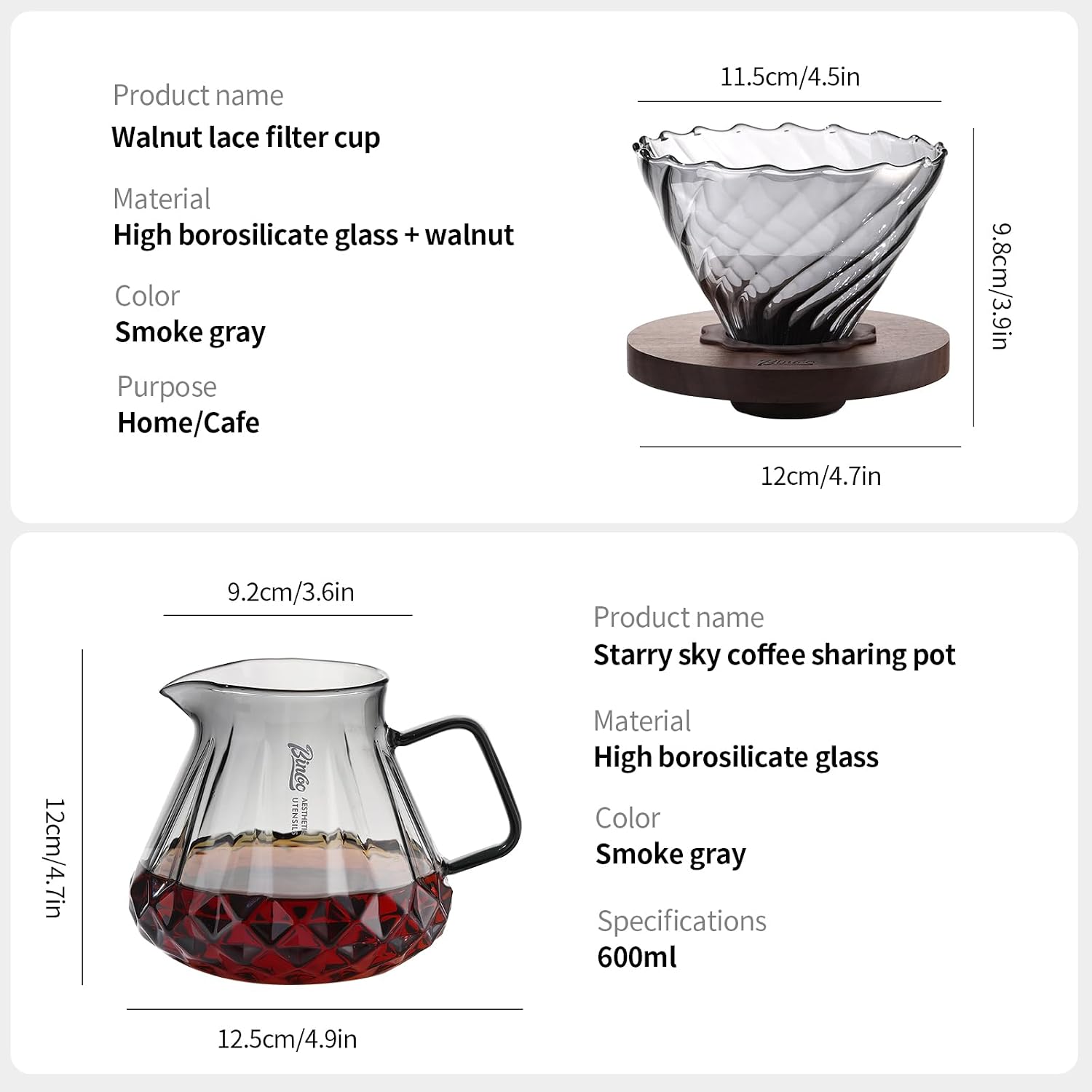 Bincoo Pour Over Coffee Maker&Dripper, Style Cone Filter + 600ml Glass Coffee Server, Manual Coffee Brewer Set, Reusable Coffee Filter Holder, Great Gift for Coffee Enthusiasts（Grey