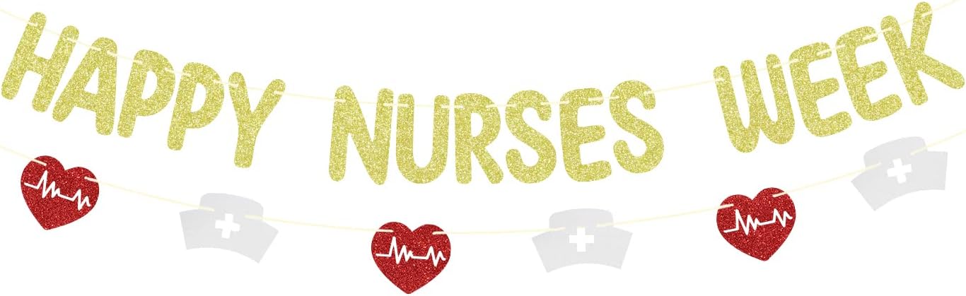 Happy Nurse Week Banner, Gold and Red Glitter Thank You Nurse We Appreciate You Banner, Happy Nurses Day Decorations