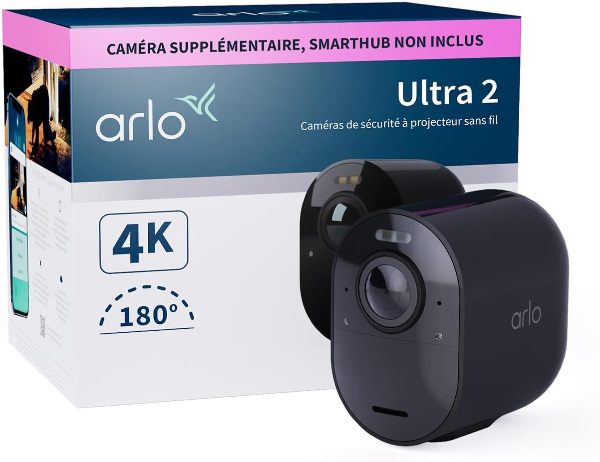 Arlo Ultra 2 draadloze WiFi-beveiligingscamera voor buiten, 4K UHD, 180˚ kleurennachtzicht, sirene, bewegingsdetectie, 2-weg-audio, Smart Hub vereist, incl. proefp. Arlo Secure, 1 cam, zwart