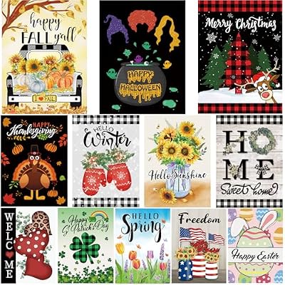 Pating Seasonal Garden Flags Set of 12 Double Sided 12 x 18 Inch, Small Yard Flags for Outside, Christmas Halloween Easter Valentine's Day Outdoor Decor, Holiday Garden Decorations for All Seasons