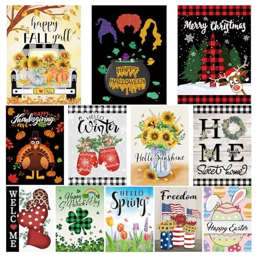 Pating Seasonal Garden Flags Set of 12 Double Sided 12 x 18 Inch Yard Flags, Small Garden Flags for Outside, Fall Winter Halloween Christmas Outdoor Flags, Holiday Garden Flags for All Seasons