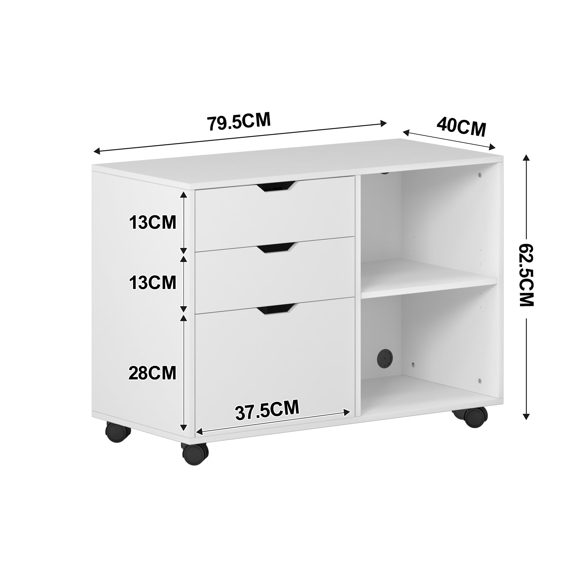 SogesHome Armadietto da ufficio, in legno, con 3 cassetti e 2 ripiani aperti per formato A4, legale, formato letter, 80 x 40 x 63 cm