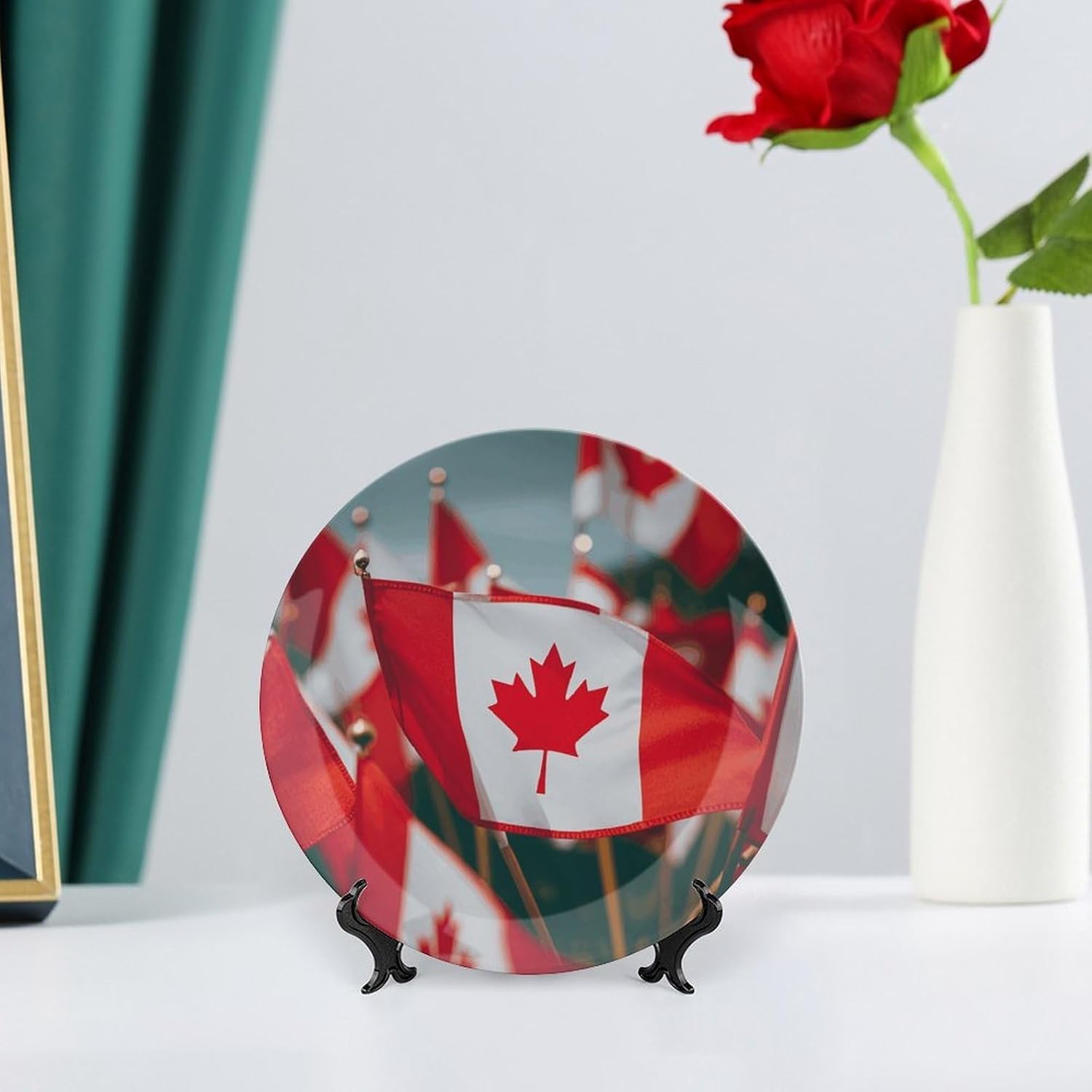 Many Small Canadian Flags Round Art Ceramic Plates Modern Art Bone China Dinner Plates with Display Stand & Wall Hook for Wall Hanging Decoration Home, Kitchen Or Table Decor
