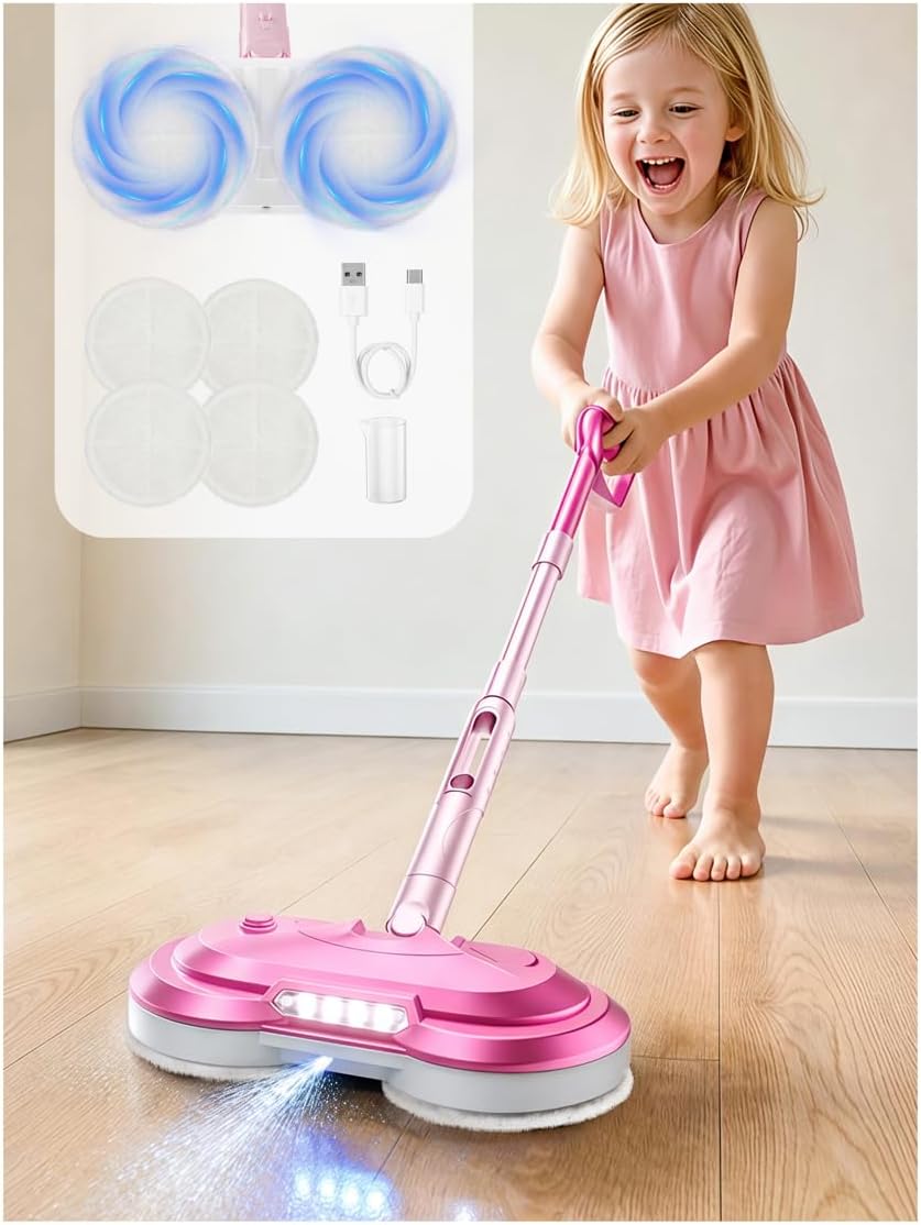 BLAXTEM Kids Electric Spray Spin Mop Toy, Rechargeable Cordless Electric Mop W/ Water Sprayer & LED Headlight for Children Girls & Boys, Cleaning Toy for Pretend Play (Pink)