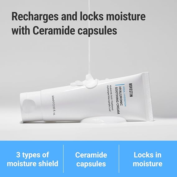 ROVECTIN Aqua Hyaluronic Soothing Cream - Skin Barrier Repair with Ceramide, Hyaluronic Acid, Niacinamide | Intense Hydrating Cream | Fragrance Free, Vegan, Korean Skincare (2.03 fl oz)