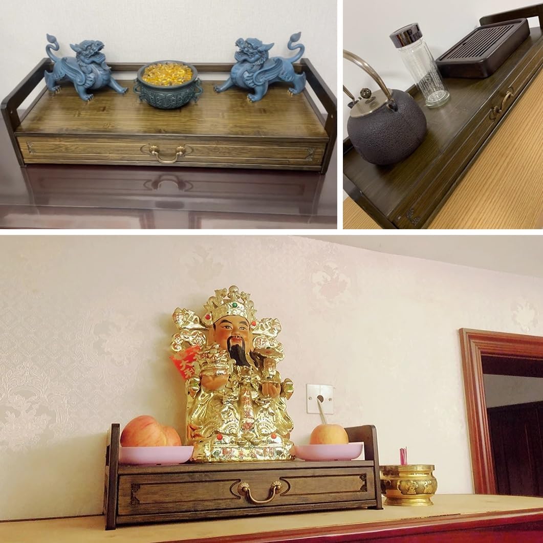 YVYKFZD Shrine Altar Table with Drawer, Small Puja Table, Bamboo Meditation Table, Buddhist Altar Shrine Prayer Stand for Prayers Divination Worship Personal Spiritual Space(Walnut,42cm/16.5")