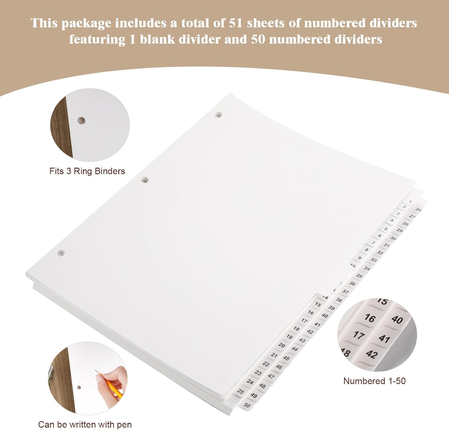 Yeaqee 51 Numbered Tabs for 3 Ring Binders, Letter Size Numbered Dividers 3 Hole Punched White Binder Index for File Notebook 8.5 x 11 Inch