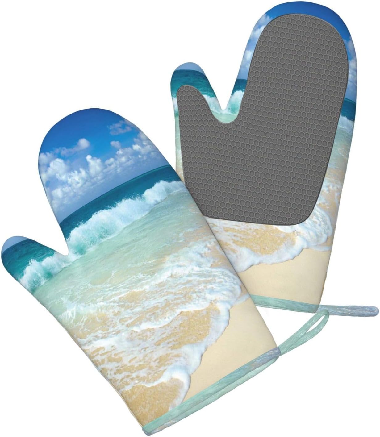 Serene Coastal Oven Mitts and Pot Holders Set of 4 Heat Resistant Kitchen Gloves with Silicone Palm Hot Pads for Baking Cooking Grilling BBQ