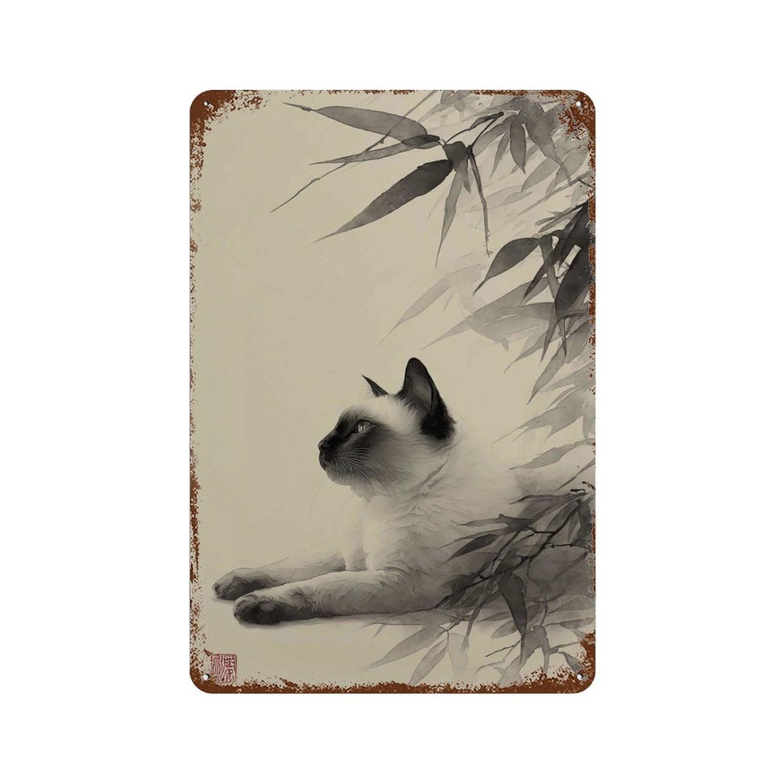 xiaoxiaoshen Siamese Cat Japanese Bamboo Ink Painting Zen Minimalist Asian Style Tranquil Wor Wall Decor Art Metal Tin Poster Modern Home Decor Art Home Bar Shop Decorations Vintage Sign 30x20cm