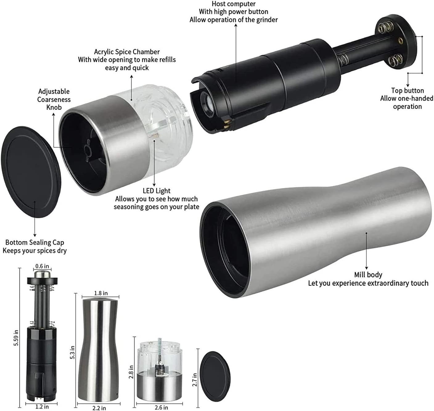 Refillable Pepper Mill Salt And Pepper Grinder, Electric Salt And Pepper Grinder Set, Electric Salt Grinder Stainless Steel Salt Peppercorn Shakers, 20.5*5.5cm, Silver