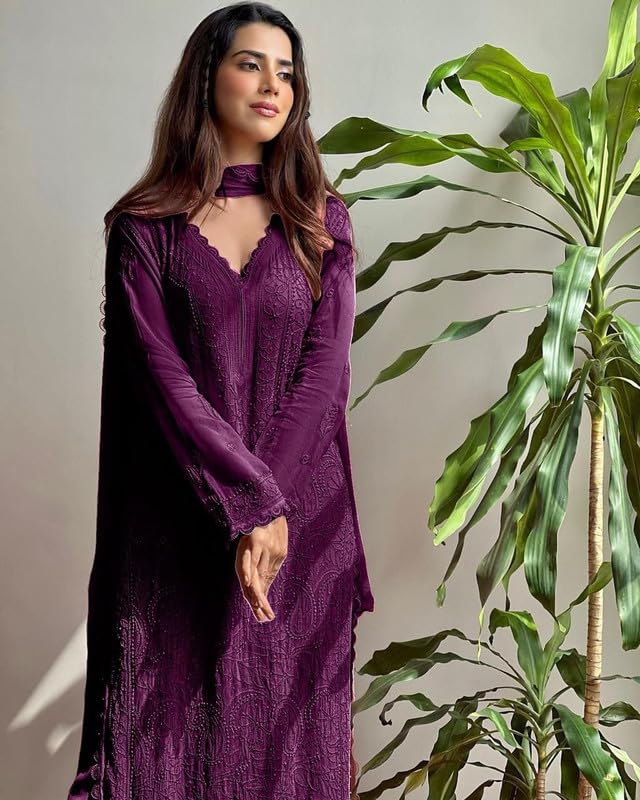 Image of Women Embroidered Straight Kurti with Palazzo And Dupatta Set | Elegant Ethnic Wear Kurta Set | V-Neck Long Sleeve Kurti | Stylish Casual, Festive & Wear for Women