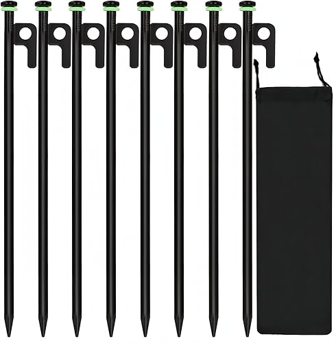 Miniatura 9 de Estacas de tienda de campaña, 8 estacas de acero forjado resistente de 8 pulgadas con bolsa de almacenamiento, estacas de tienda de campaña