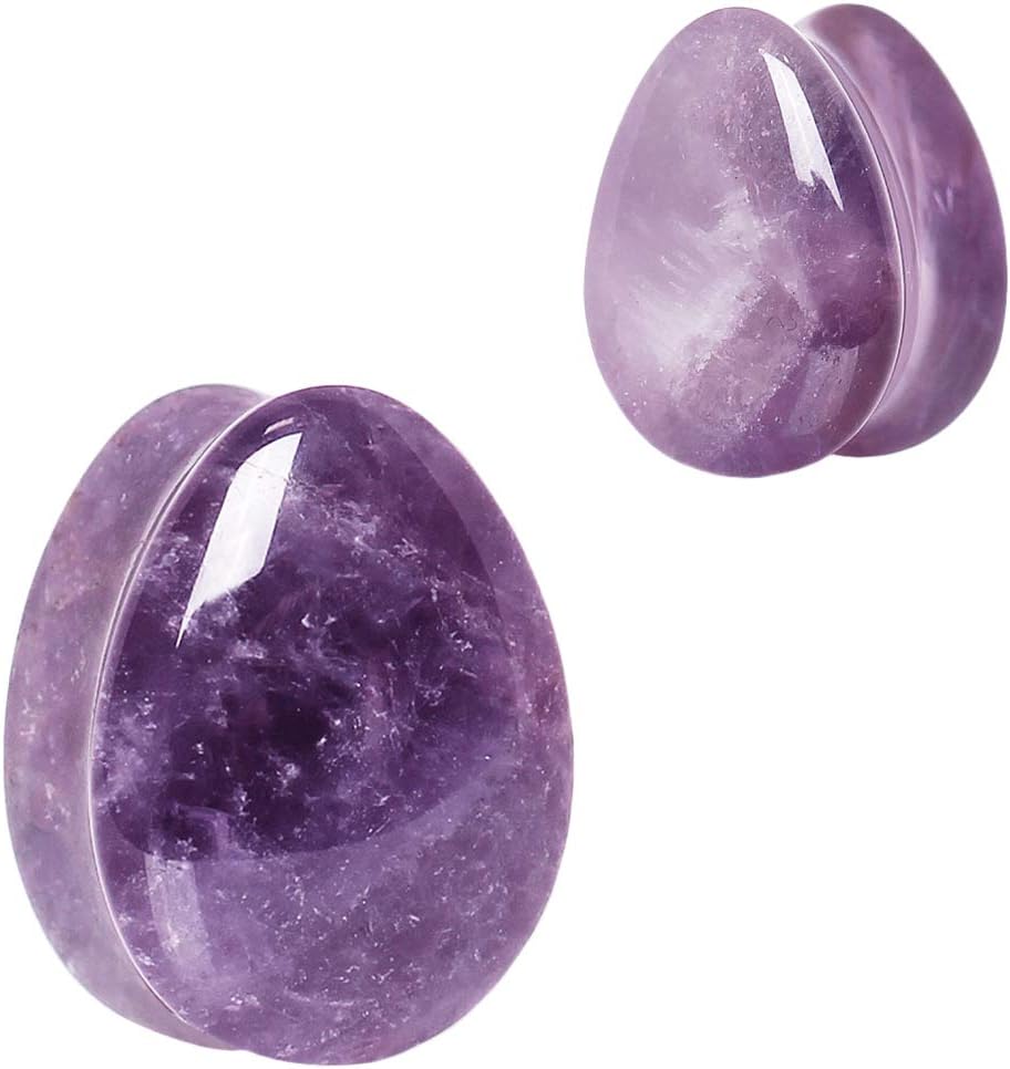 Pierced Owl - Natural Amethyst Stone Teardrop Shaped Double Flared Plugs, Sold as a Pair - Image 2