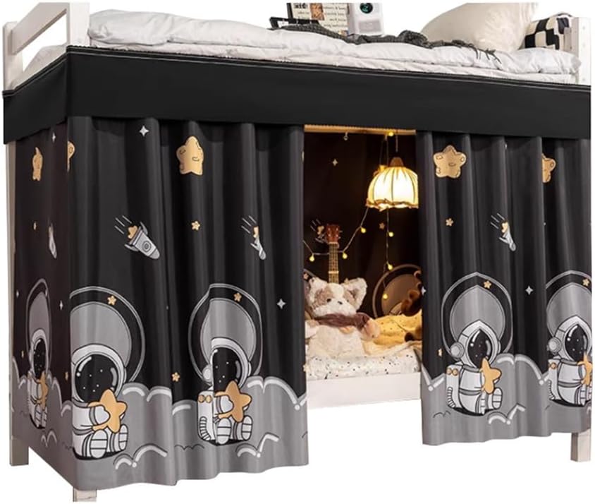 Cute Opaque Bottom Bunk Bed Curtains Privacy Cloth Underbed Curtains for Boys Girls 2 Panels 100% Blackout, Black Sitting Spaceboy