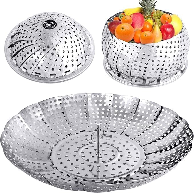 Vegetable Steamer Basket Expandable 14.5cm to 22cm Stainless Steel Folding Steamer Insert For Veggie Seafood Cooking & Streaming Dishwasher Safe Food Steaming Baskets For Kitchen