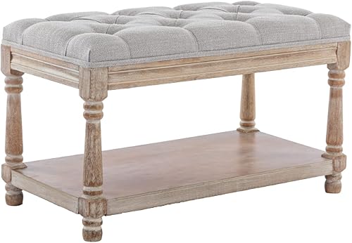 Miniatura 21 de Banco de almacenamiento de madera para entrada, banco otomano tapizado de lino con botones con patas negras para dormitorio, extremo de la cama, 45