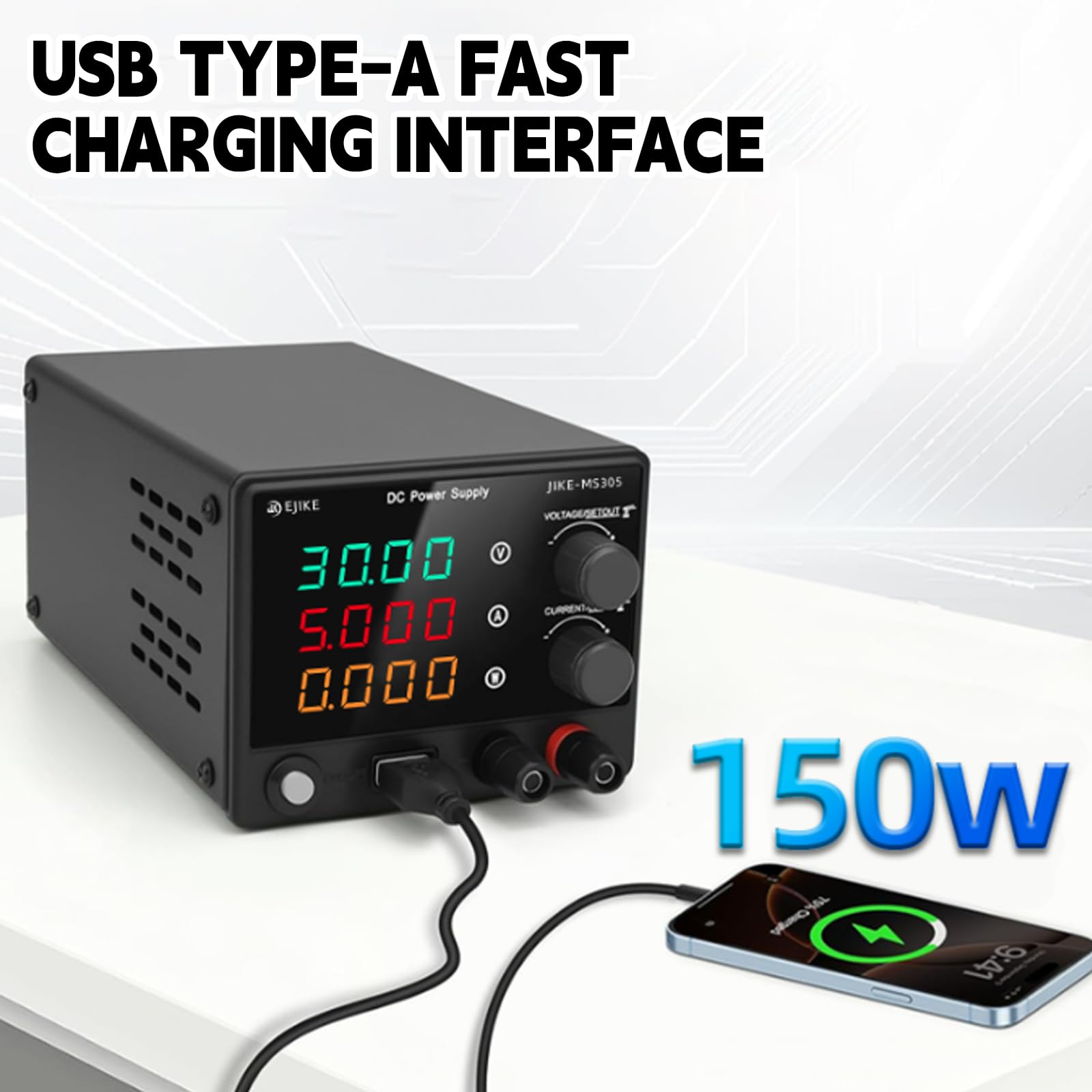 Bloc d'alimentation de laboratoire 30 V 5 A 150 W - Affichage LED à 4 chiffres et clé de verrouillage - DC 0-30 V 0-5 A - Mini bloc d'alimentation de laboratoire USB - Charge rapide - Alimentation à