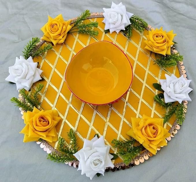 Sanvatsar Home Handmade Haldi Thali with Floral Design for Haldi Ceremony & Haldi Rasam | haldi Decoration Items for Marriage - Image 6 thumbnail