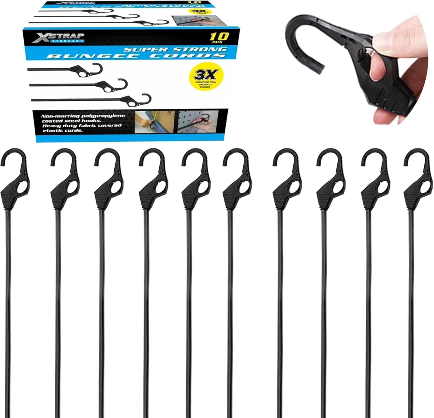 XSTRAP STANDARD Heavy Duty Bungee Cords 10PK 32-Inch Bungee Cords with Finger-Hole Hooks, Ideal for Outdoor, Tarp Covers, Motorcycle, Luggage Rack (Black)