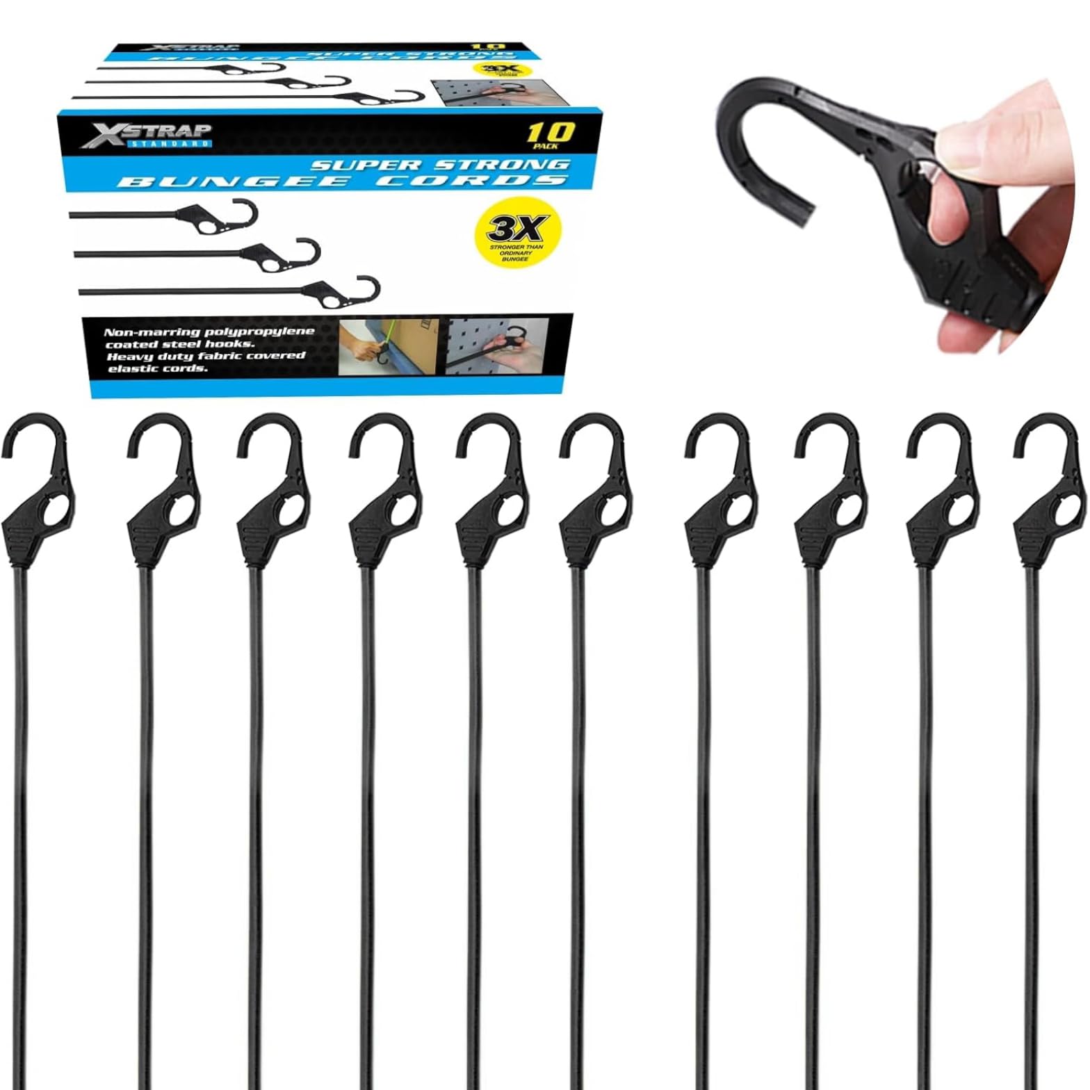XSTRAP STANDARD Heavy Duty Bungee Cords 10PK 32-Inch Bungee Cords with Finger-Hole Hooks, Ideal for Outdoor, Tarp Covers, Motorcycle, Luggage Rack (Black)
