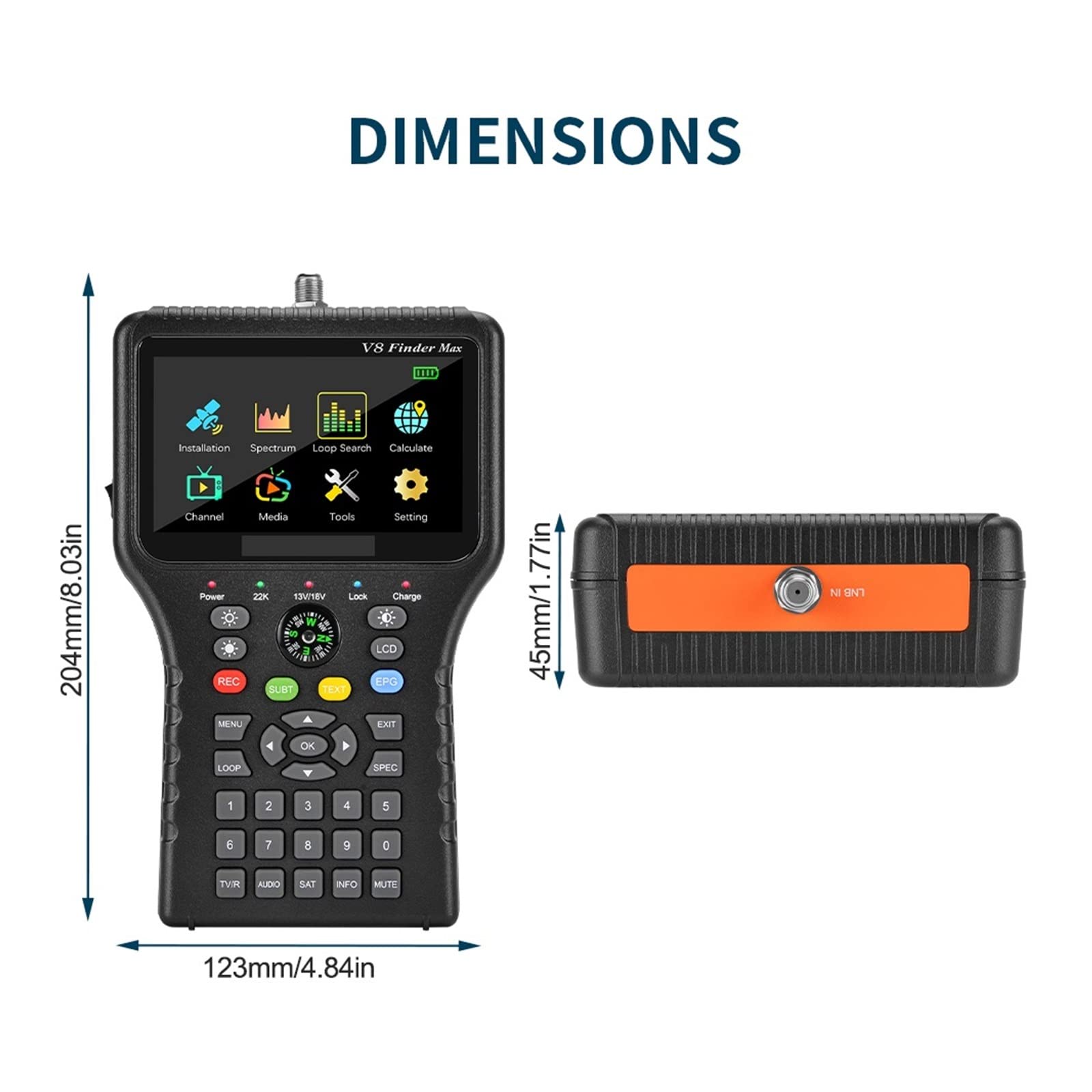 Recherche de Signal Satellite numérique, V8 Finder Max Détecteur de Signal Satellite DVB-S/S2/S2X H.264/H.265 (8 Bits) Localisateur de Satellite 4,3 Pouces HD Récepteur de signaux