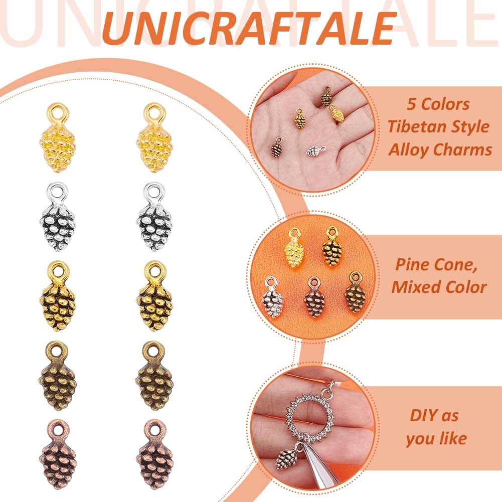 UNICRAFTALE about 100Pcs Bulk Tiny Pine Cone Charms 5 Colors Tibetan Style Alloy Pinecone Pendants Christmas Charms Beads Pendants Fall Autumn Harvest Charm Bracelet Charm for Crafts Jewelry Making - Image 4
