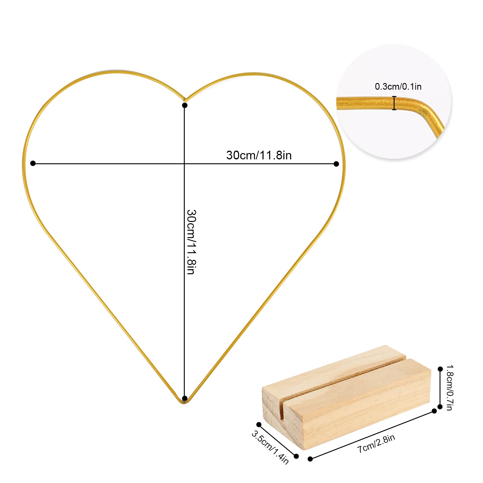 Lot de 10 cerceaux à fleurs en métal de 30 cm avec 10 supports hexagonaux en bois - Anneau décoratif en métal doré avec support en bois - Pour bricolage, couronne de table de mariage,