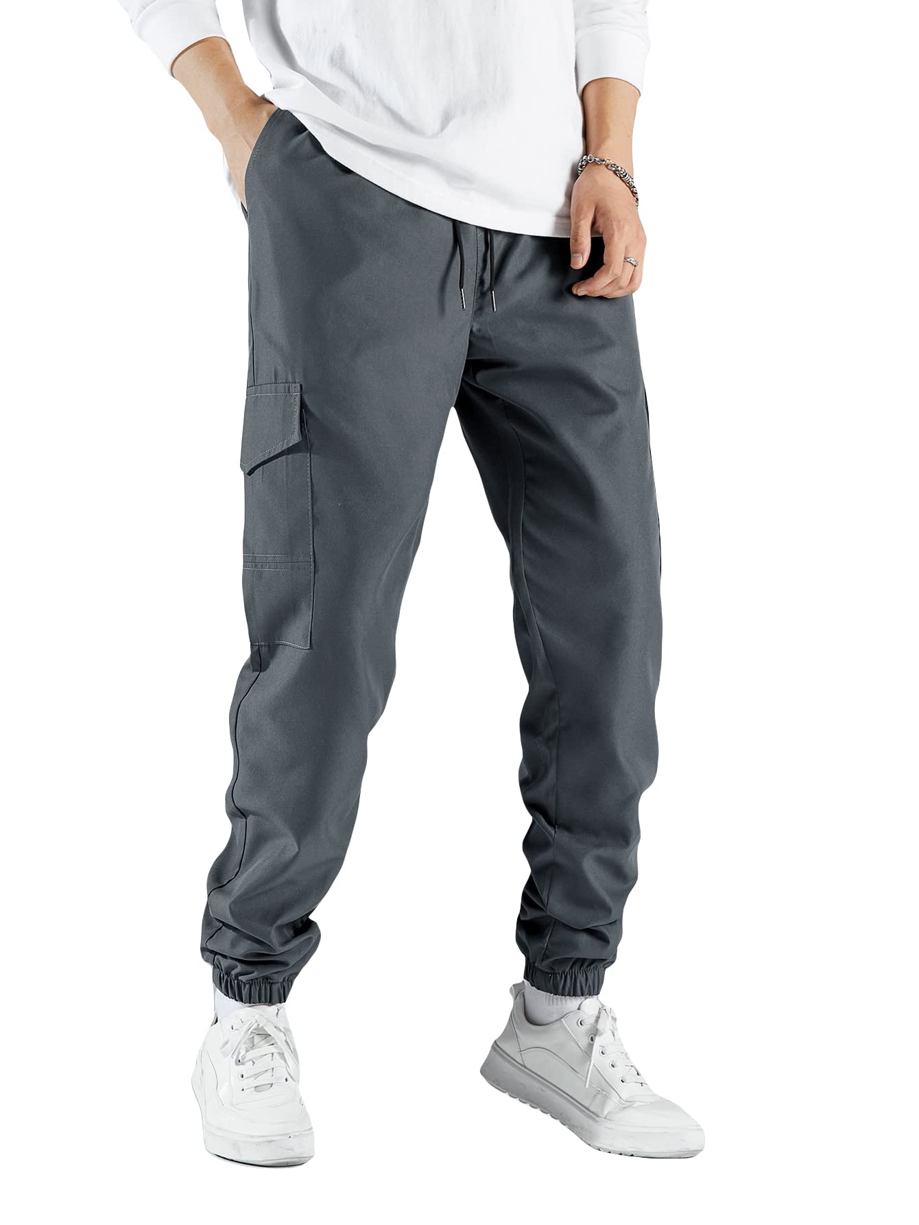 OYOANGLE Mens Casual Drawstring Elastic Waist Cargo Pants Flap Pocket Street Trousers Baggy Jogger