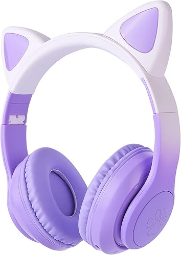 Miniatura 2 de Cat Ear - Auriculares para niños, Bluetooth, con luz LED, modo inalámbricocon cable, con micrófono integrado para la escuelaviajes (morado)