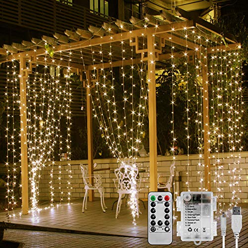 LE Tenda Luci LED, Tenda Luminosa USB Ricaricabile o Alimentata da Batteria per Illuminazioni Interni e Esterni, Luci Stringa Luminosa 3m x 3m 300 LED Bianco Caldo, Timer, 8 Modalità, Telecomando