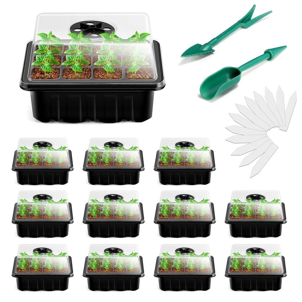 Photo 1 of 12 Packs Seed Starter Tray Seed Starter Kit (12 Cells Per Tray) with Dome and Base Greenhouse Grow Trays and Base Mini Greenhouse Germination Kit for Seeds Growing Starting
