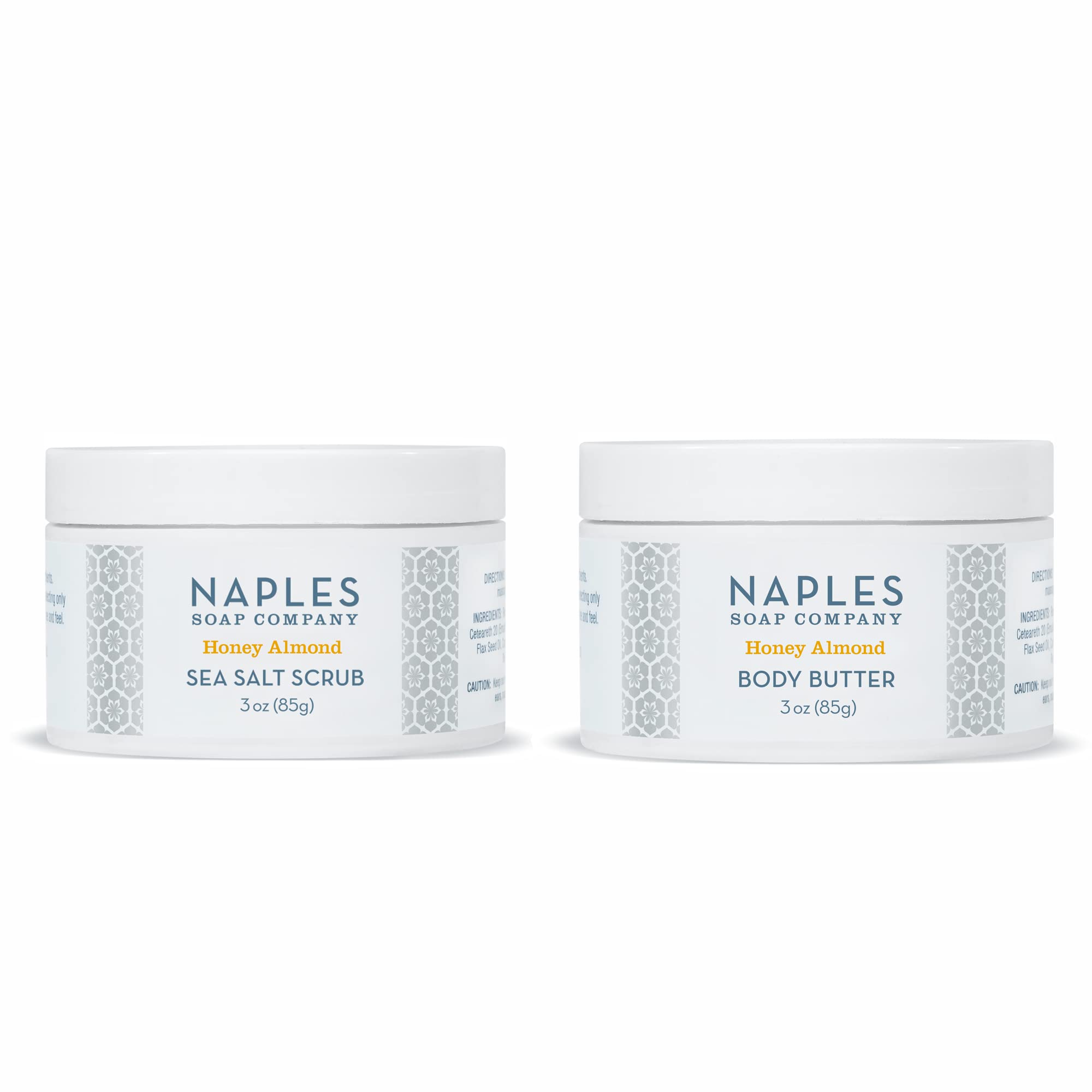 NAPLES SOAP COMPANYSea Salt Scrub & Body Butter Combo Pack – Natural Skincare Gift Set Includes Exfoliating Body Scrub & Rich Cocoa and Shea Body Butter – Honey Almond, Set of 2, Travel Size 3oz Jars