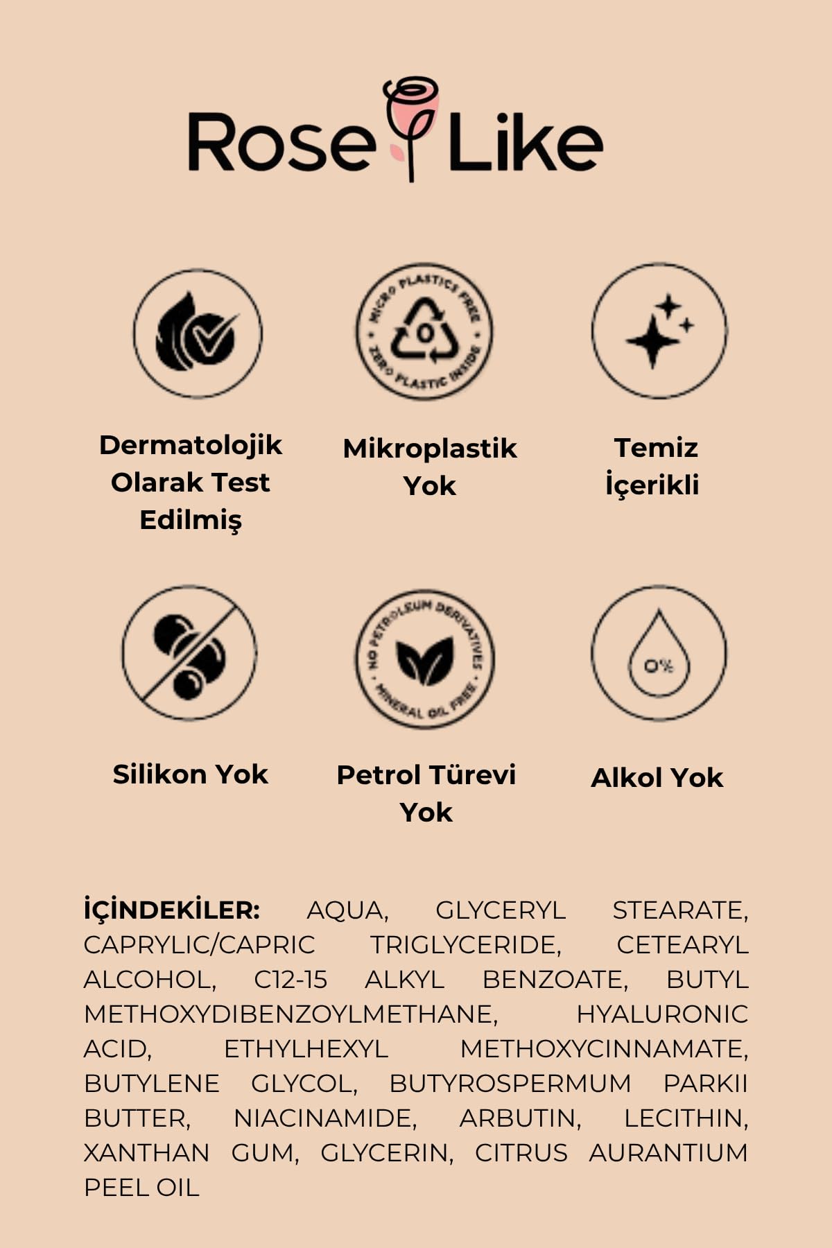 Rose Like Güneş Kremi SPF 50+, UVA ve UVB Korumalı, Hyaluronic Acid ve Arbutin İçerikli, Portakal Esanslı, 50 ml