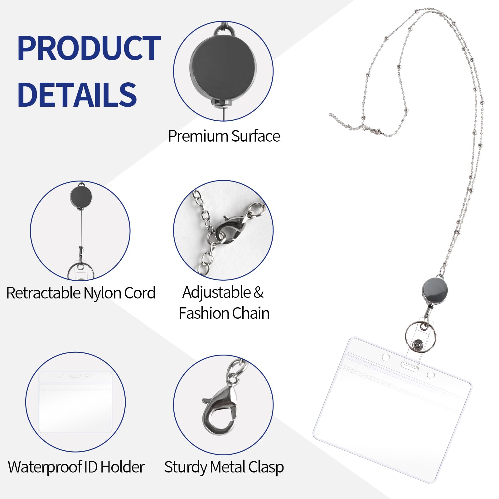 Blulu Retractable Badge Reel Lanyard Necklace – Stainless Steel Beaded Chain With 3 ID Holders, Silver, Stylish & Practical