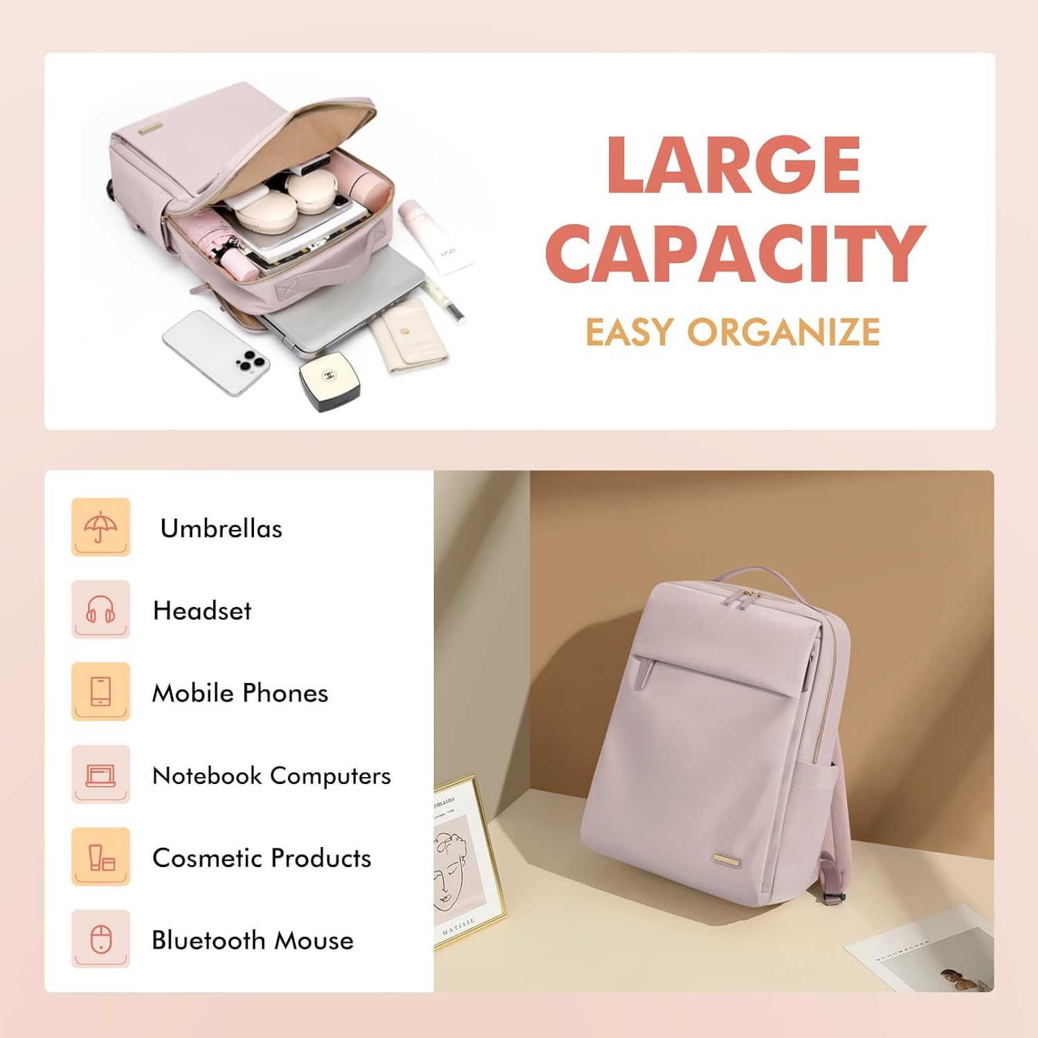 GOLF SUPAGS Travel Laptop Backpack for Women Airline Approved for Work College Travel Multi-Functional Casual Daypack Teacher Nurse Bags Fits 15.6 Inch Notebook (Pinkish Grey) - Image 6