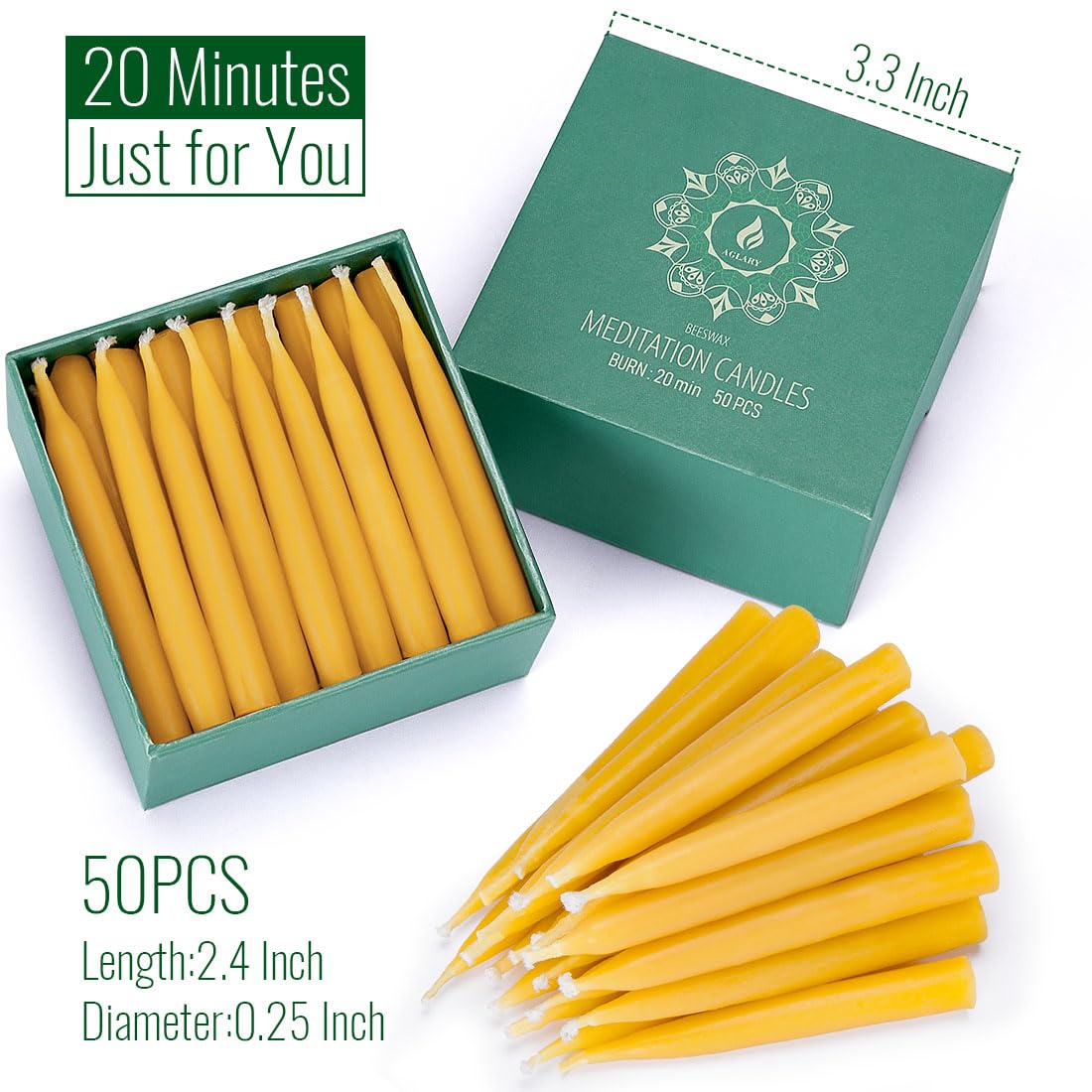 Velas de cera de abeja pura de 20 minutos, velas de meditación sin goteo, mini velas cónicas, juego de 50 sin portavelas de latón