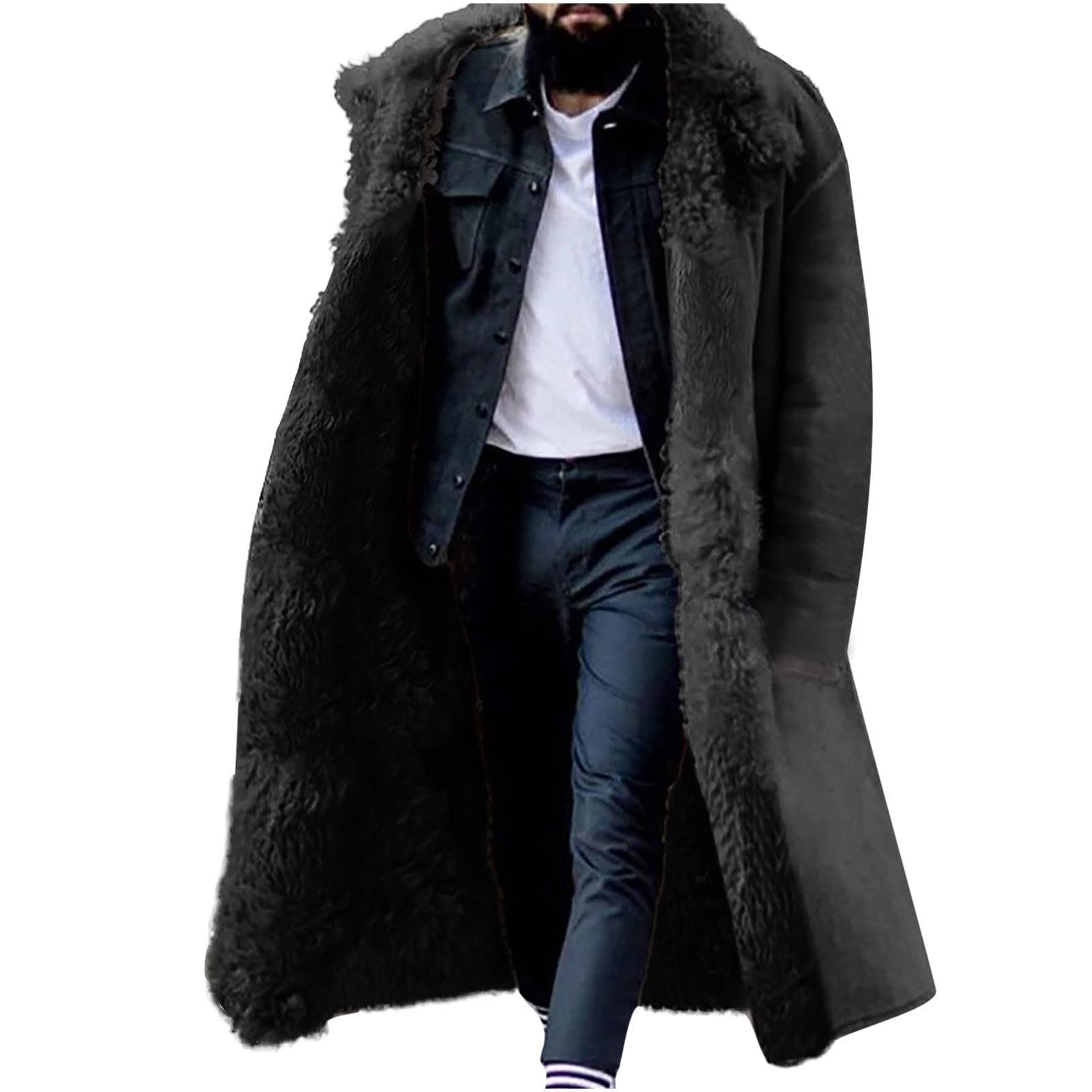 Generisch Wintermantel Herren Lang Pelzmantel Gefüttert Winter Mantel Dicke Herren-Mäntel Lange Winterjacke Warme Lammfellmantel Outdoor Stehkragen Herrenmantel Große Mantel Herrens Winter