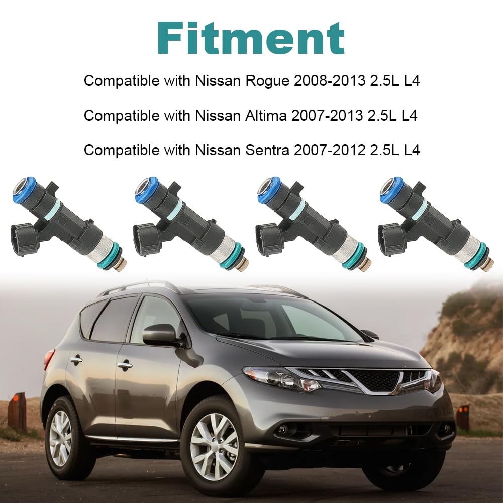 A-Premium Set Of 4 Fuel Injectors For Nissan Altima, Sentra, Rogue 2.5L 2007-2015 - Replace #0280158130, 10-Hole Design