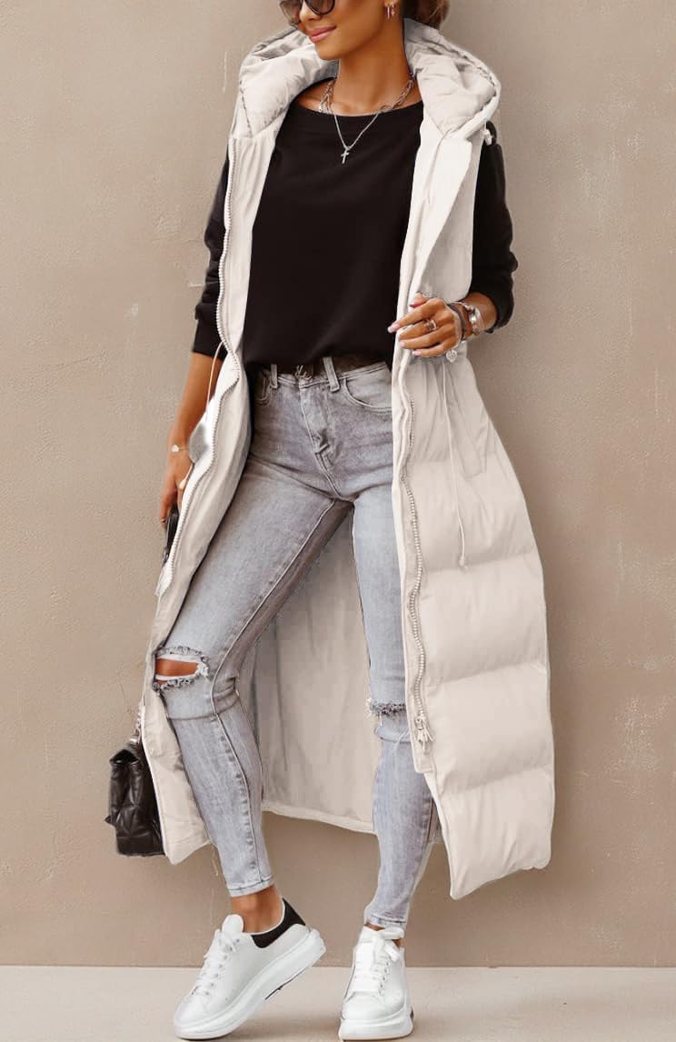 Shanfetl Women's Long Quilted Vest Hooded Maxi Length Sleeveless Puffer Vest Padded Coat Winter Outerwear - Image 4