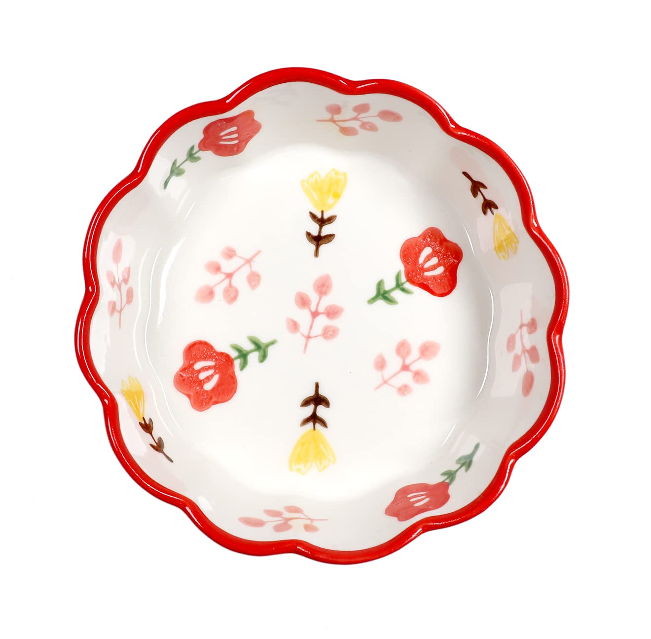 GinkgoHome Hand Painted Flower Pattern Ceramic Bowl Wavy Edge 6-8 Inch (6 Inch, Red)