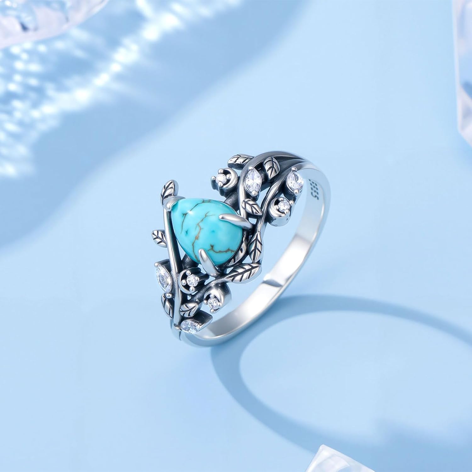 Turquoise Ring 925 Sterling Silver Boho Rings Western Jewelry Women's Eternity Rings Valentine's Day Jewelry Gifts for Wife Mom Size 7-9