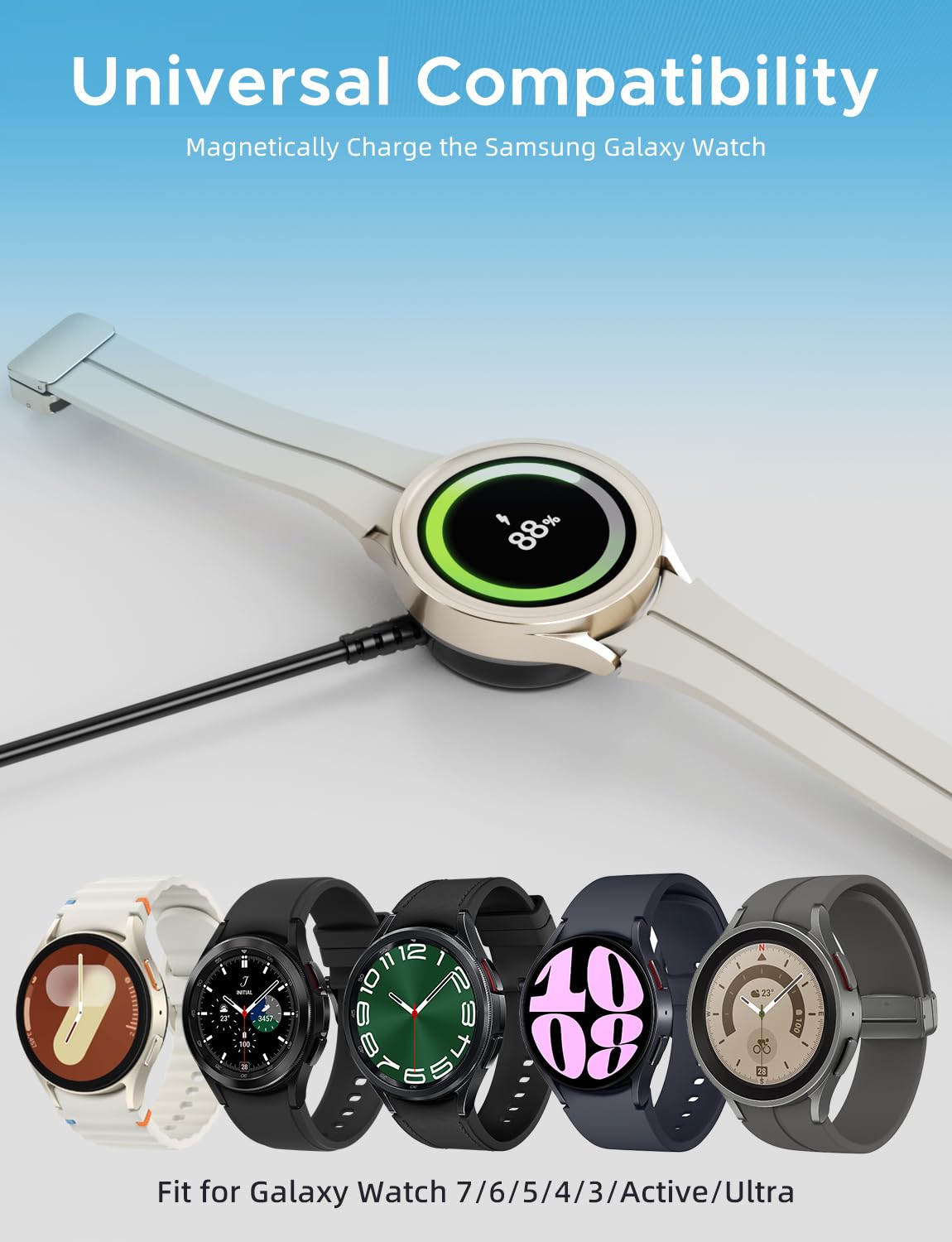 USB Charger Block for Samsung Watch Charger Compatible with Galaxy Watch 7/6/6 Classic/5/5 Pro/4/4 Classic/3/Active Ultra USB Magnetic Fast Charging for Samsung-3.3ft