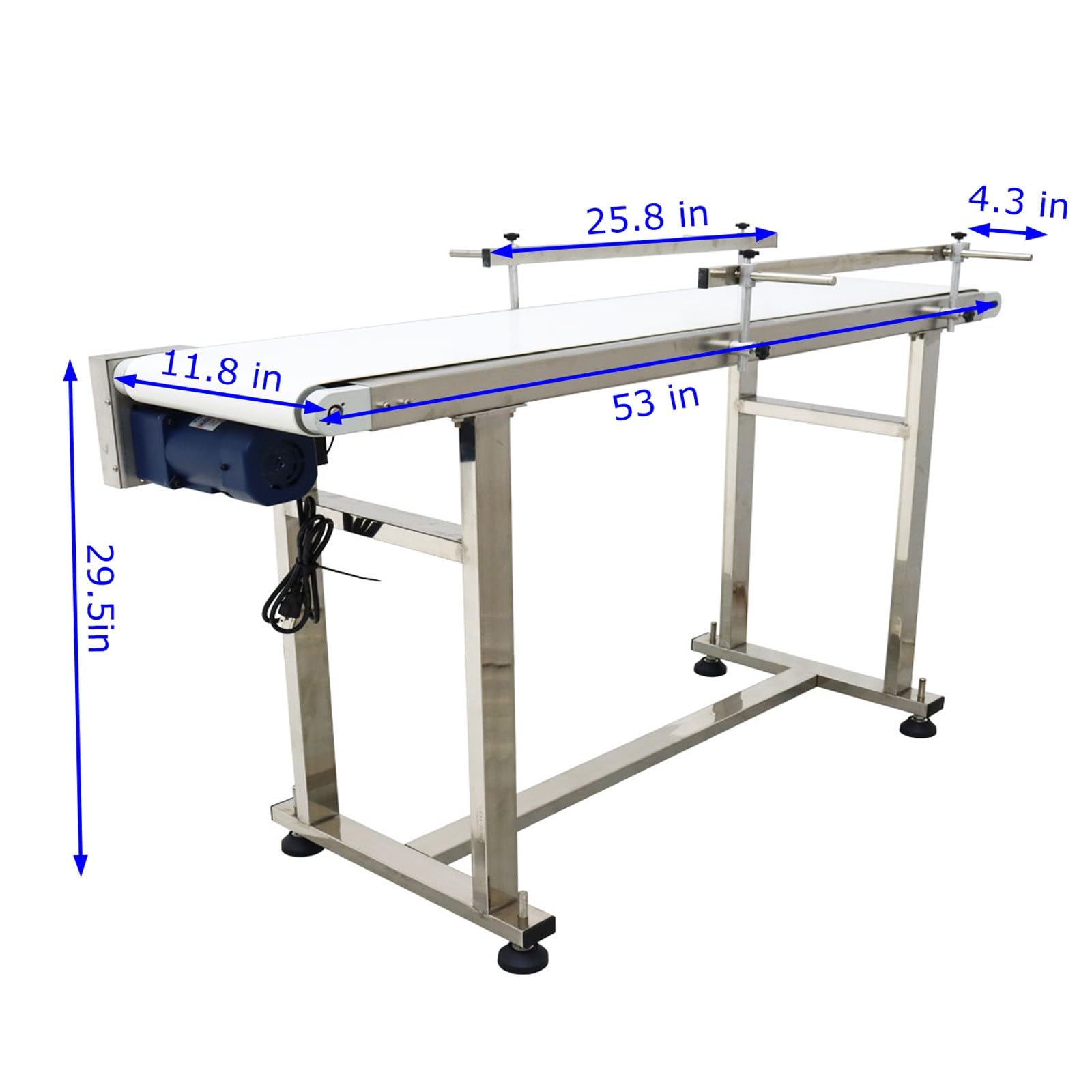 BEILOCKERY 53 inch PVC Belt Conveyor 11.8 inch Width Double Guardrails Stainless Steel Frames Belt Conveyor for Conveying Bottles Metal Plastic Bags Cartons 110V 60W