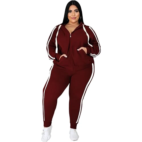 PINSV Women Plus Size 2 Piece Outfits Sweatsuits Full Zip Hooded Sweatshirt Sweatpants Tracksuits