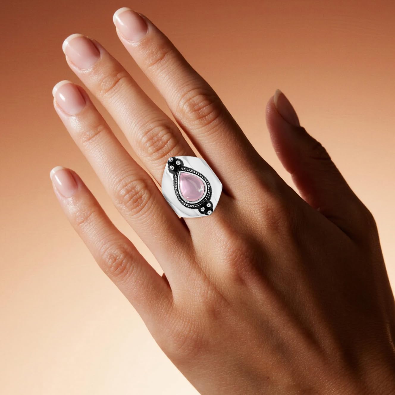 Retro Sterling Silver Waterdrop Natural Stone Boho Ring,Dainty Vintage Antique Oval Real Genuine Crystal Gemstone Statement e Bohemian Wide Chunky Band Ring Jewelry for Women Her