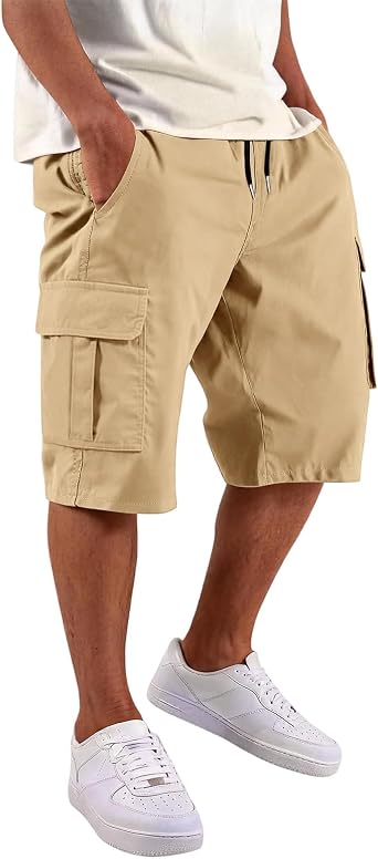 Cargo Shorts for Men Summer Knee Length Casual Stretch Drawstring Pant Solid Loose Fit Workout Hiking Athletic Shorts