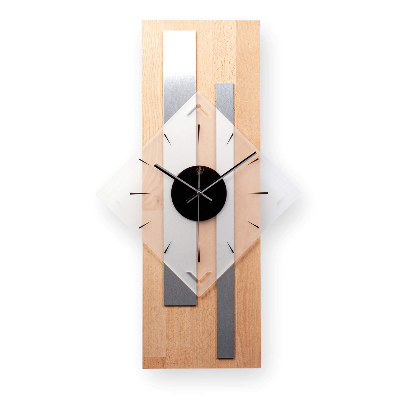 Kreative Feder Moderne Designer Holz Alu Wanduhr leise ohne Ticken 60x30cm (Buche, leises Quarzuhrwerk)