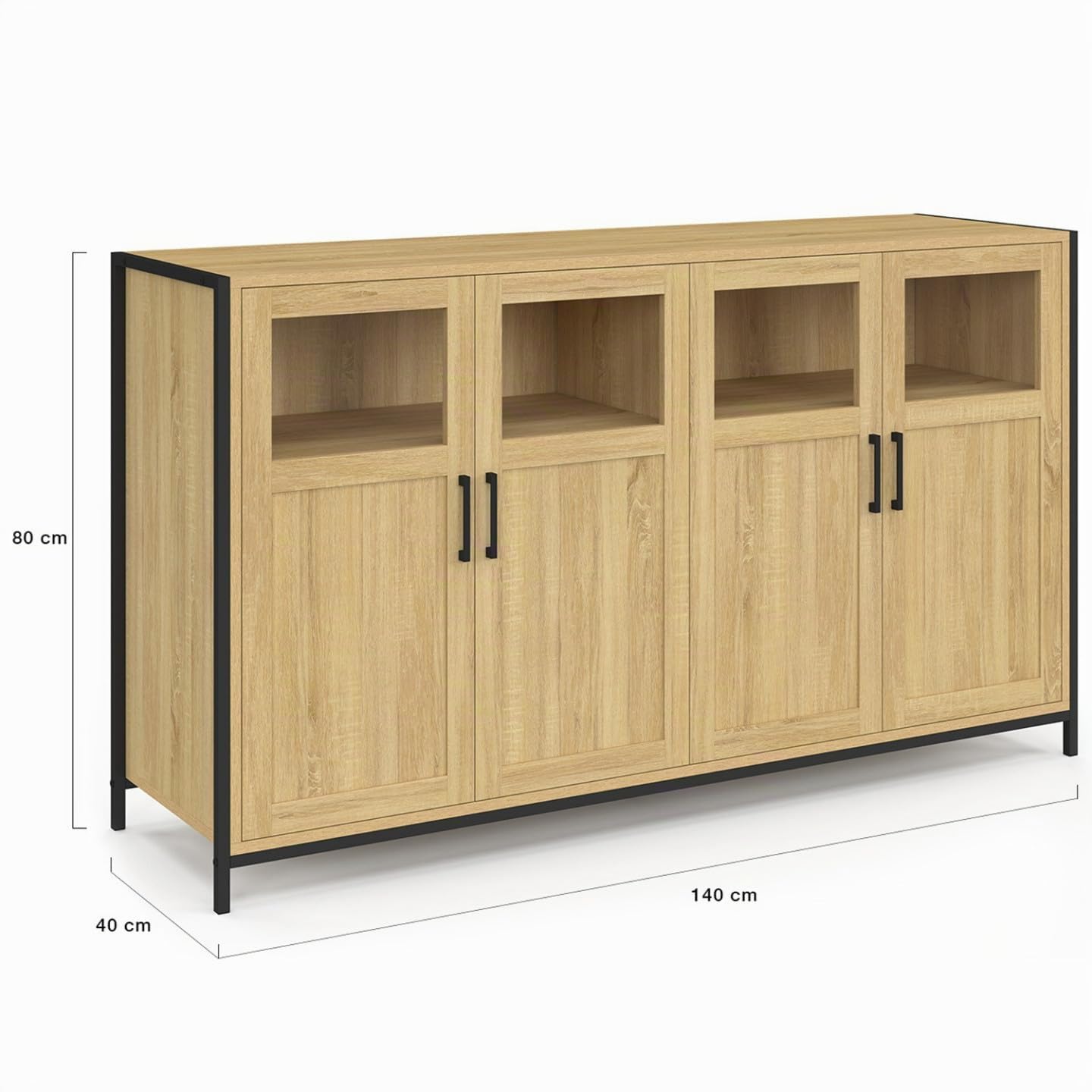 IDMarket - Aparador de 140 cm Detroit 4 puertas con vitrinas de diseño industrial