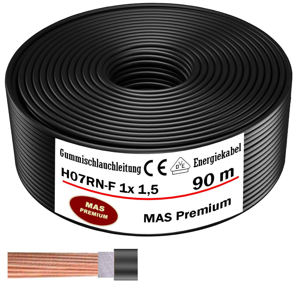 MAS Premium H07RN-F - Cable de manguera de goma (5 – 500 m, cable de alimentación para obras, 1 x 1,5, 4, 6, 10, 16, 25, 35, 50 y 2 x 1, cable flexible para dispositivos pesados (H07RN-F 1 x 1,5 mm²,