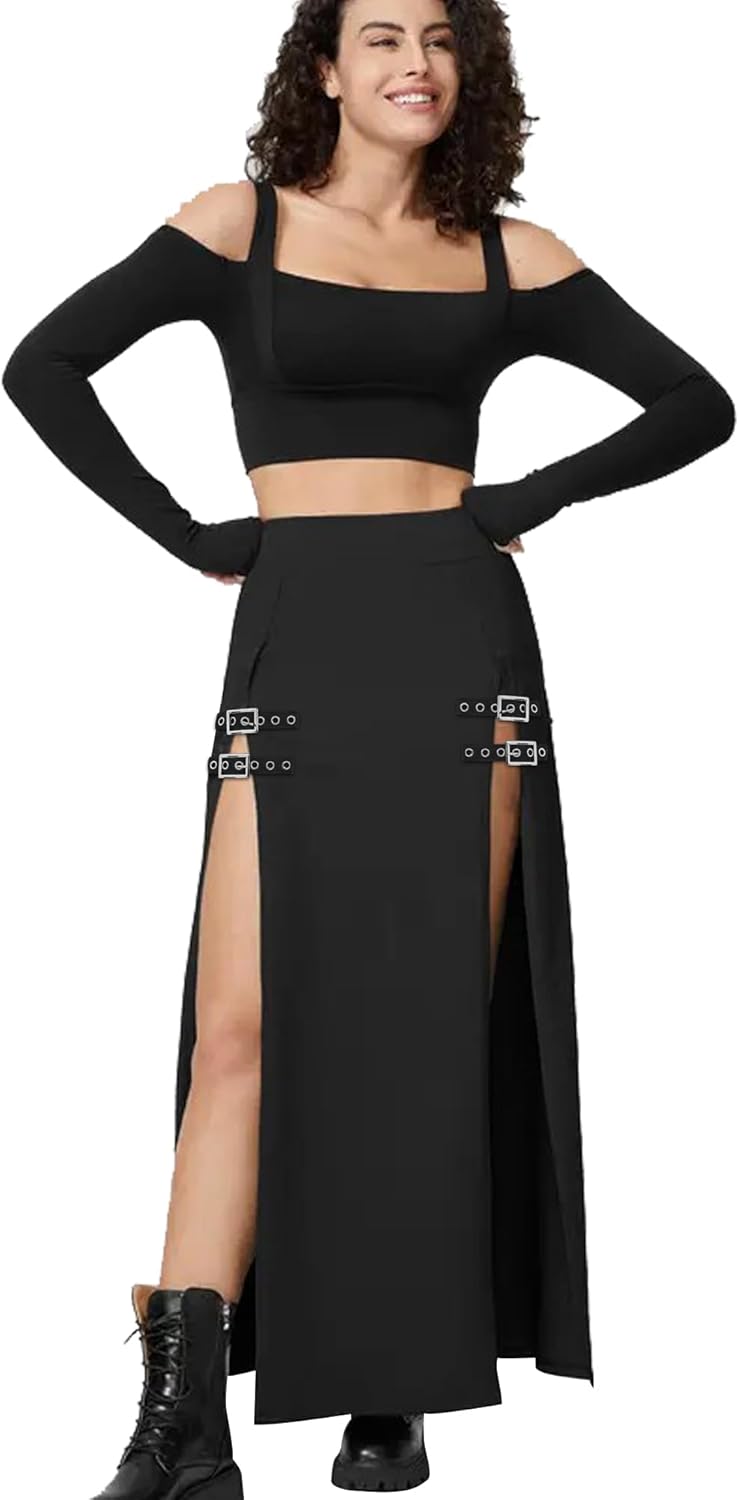 Women's Causal Gothic Maxi Skirt with Double Side Slits & Buckles for Party - Image 3